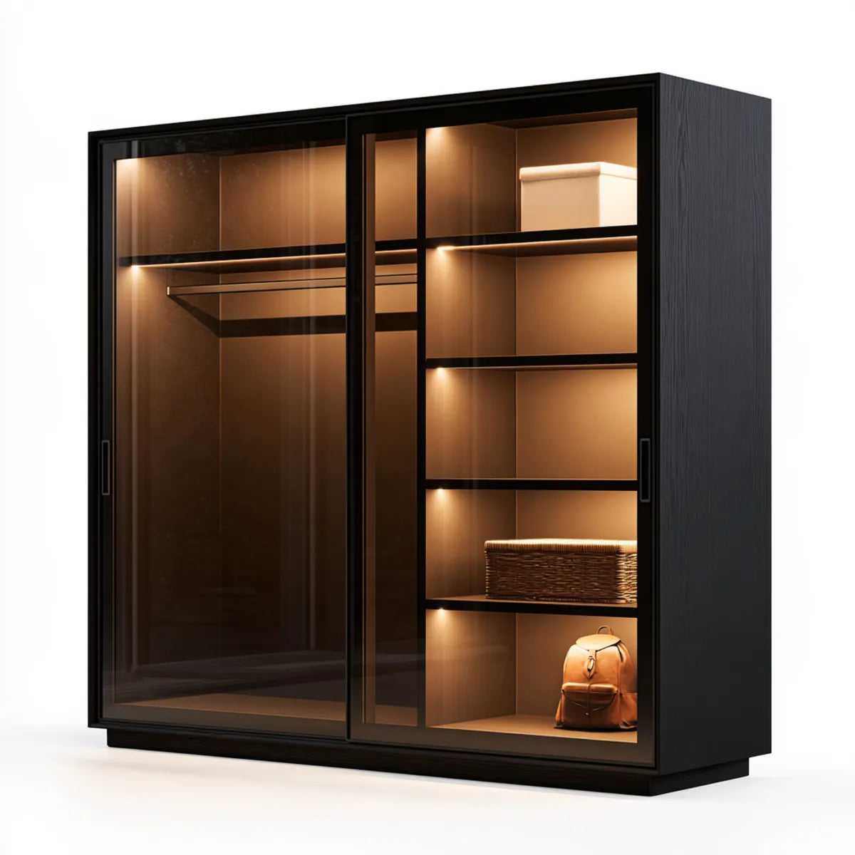 180 x 60 x 220 cm Black MDF Sliding Door Wardrobe with Tempered Glass Doors and LED Lighting