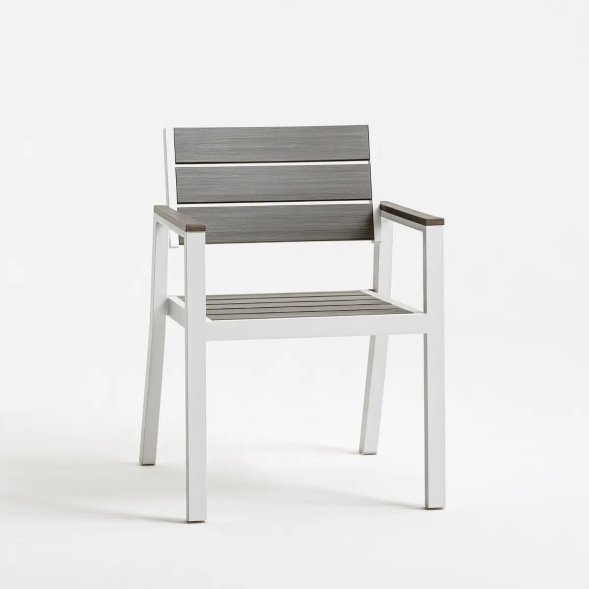 Outdoor Dining Armchair, White Aluminum Frame with Gray Polypropylene Slats, 22.0 x 24.0 x 34.0 in