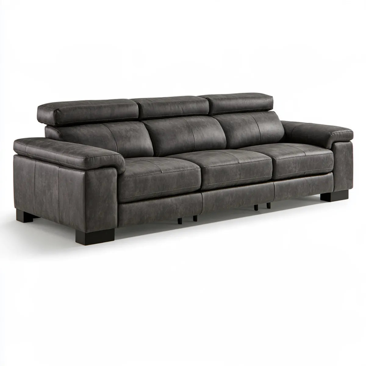 3-Seat Dark Gray PU Leather Sofa with Adjustable Headrests, 89 x 39 x 40 in