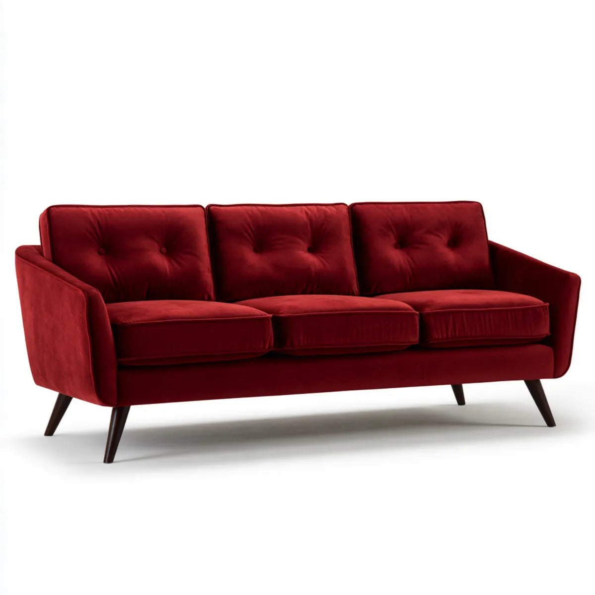 3-Seat Burgundy Polyester Velvet Sofa with Dark Brown Wood Legs, 84 x 35 x 34 in