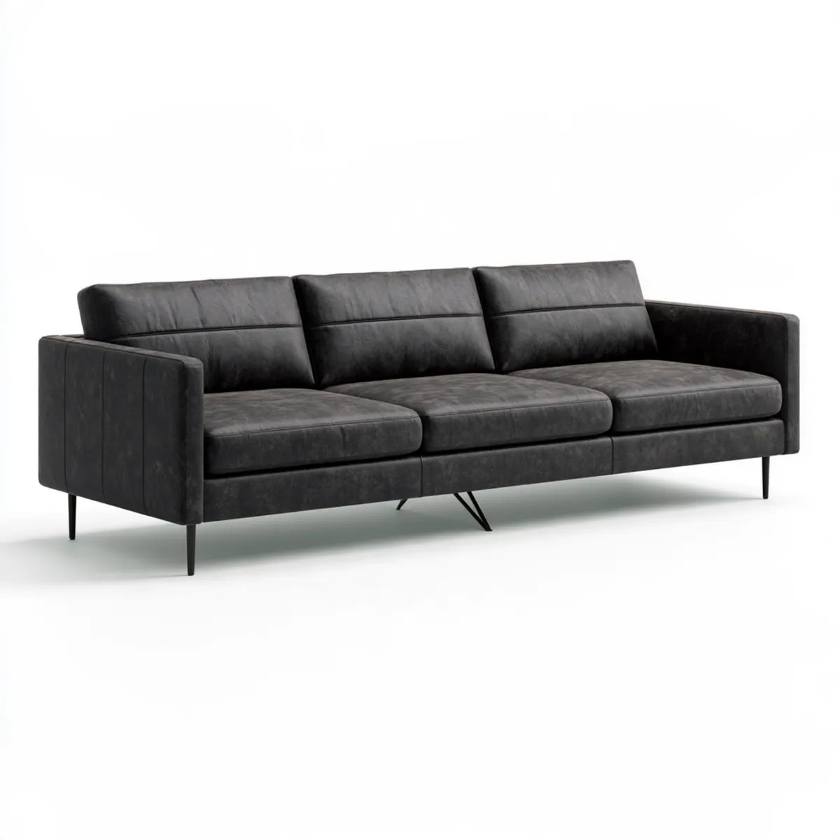 90 x 36 x 34 in Three-Seat Sofa with Black Polyurethane Upholstery and Steel Legs