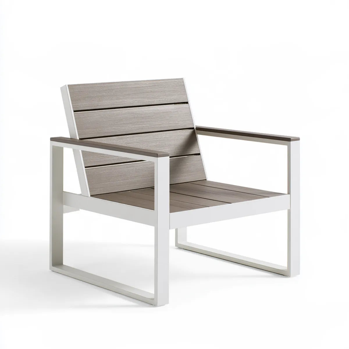 Outdoor Lounge Chair, 76 x 79 x 82 cm, Gray Slat Seat and Backrest, White Aluminum Frame