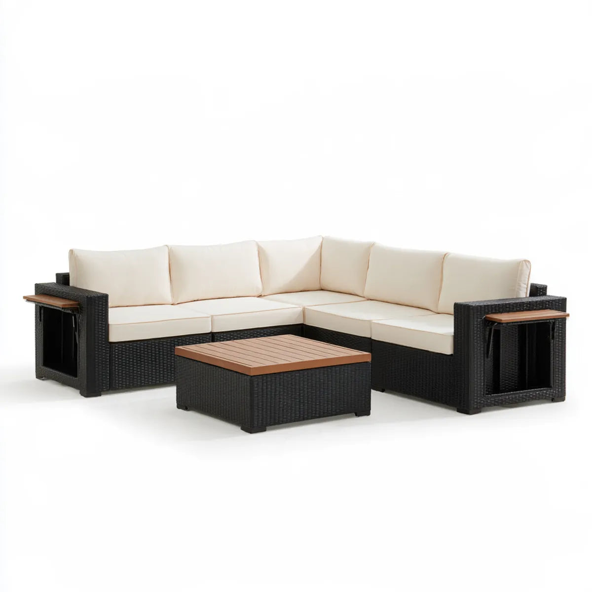5-Piece Outdoor PE Rattan L-Shaped Sectional Sofa Set with Coffee Table, 98 x 75 x 26 in, Black/Cream/Brown