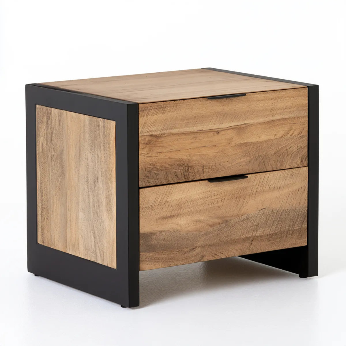 2-Drawer Brown Wood and Black Metal Nightstand, 24 x 18 x 24 in Bedside Table