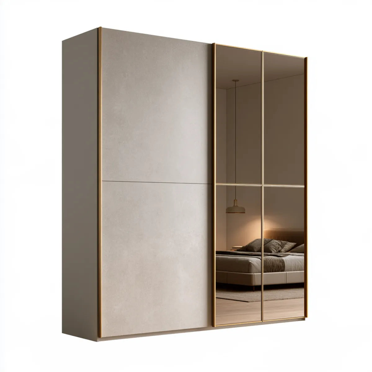 70.9 x 23.6 x 86.6 in Gray MDF Sliding Door Wardrobe with Gold Metal Trim and Mirrored Doors