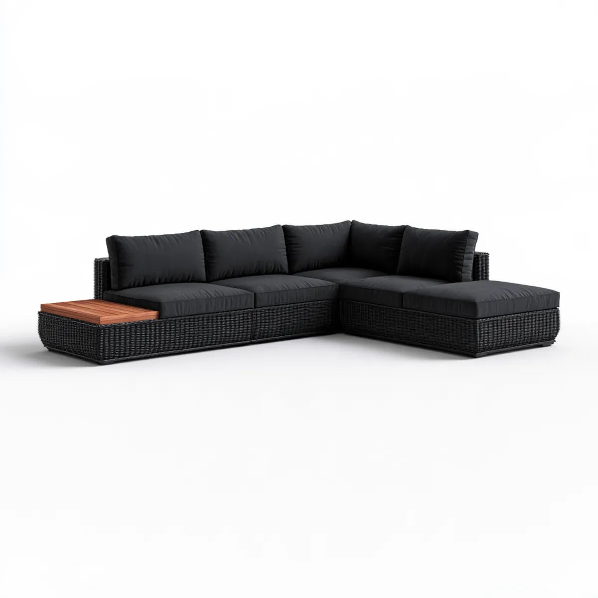 Outdoor Wicker L-Shaped Sectional Sofa with Right Chaise and Wood Side Table, 274 x 200 x 65 cm, Black