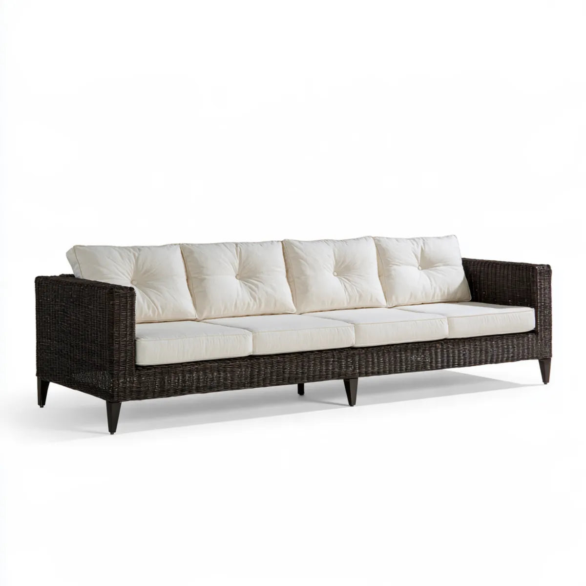 Outdoor 4-Seat Wicker Sofa with Cream Polyester Cushions, 94 x 35 x 33 in