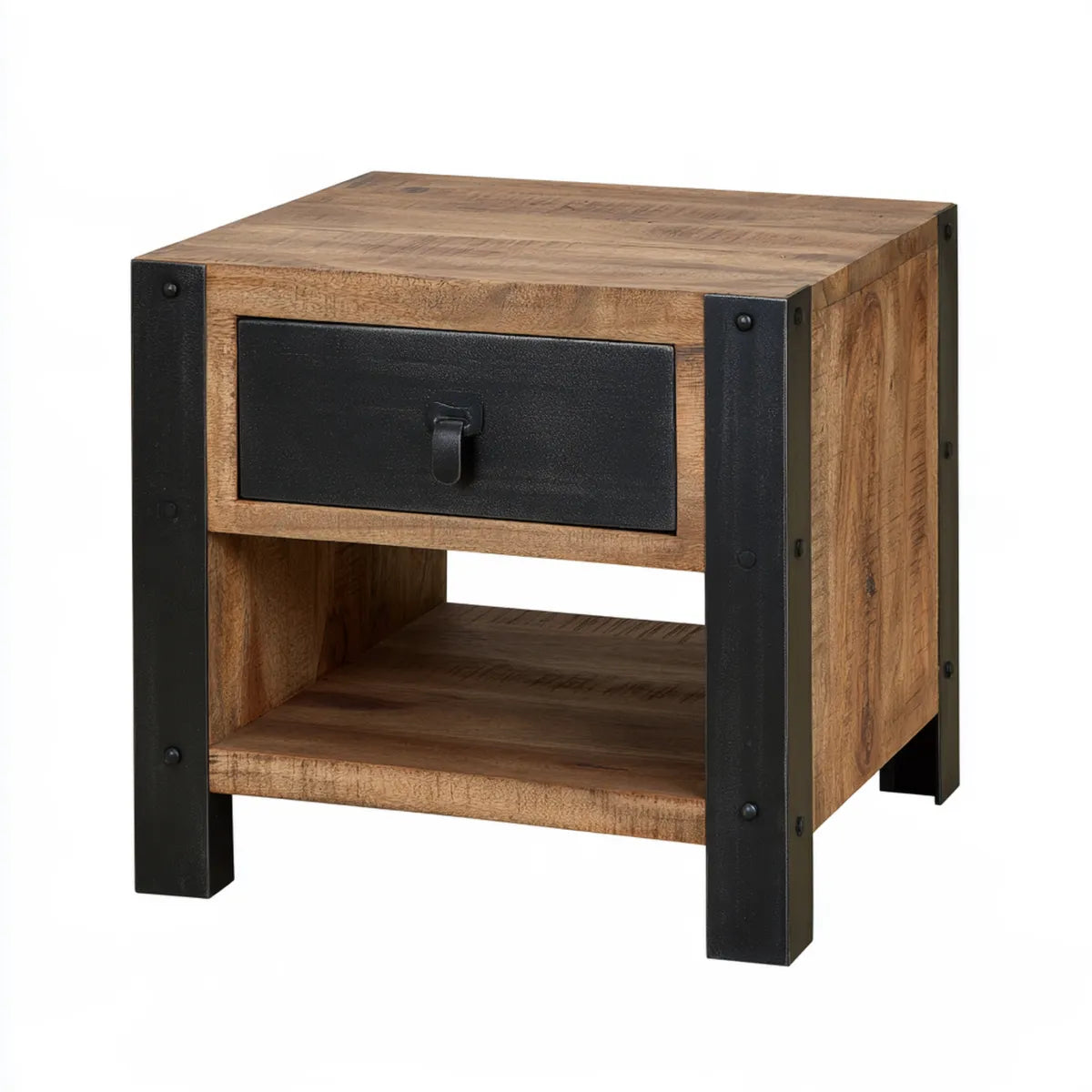 24 x 18 x 24 in Natural Wood and Black Iron Nightstand with Drawer and Open Shelf